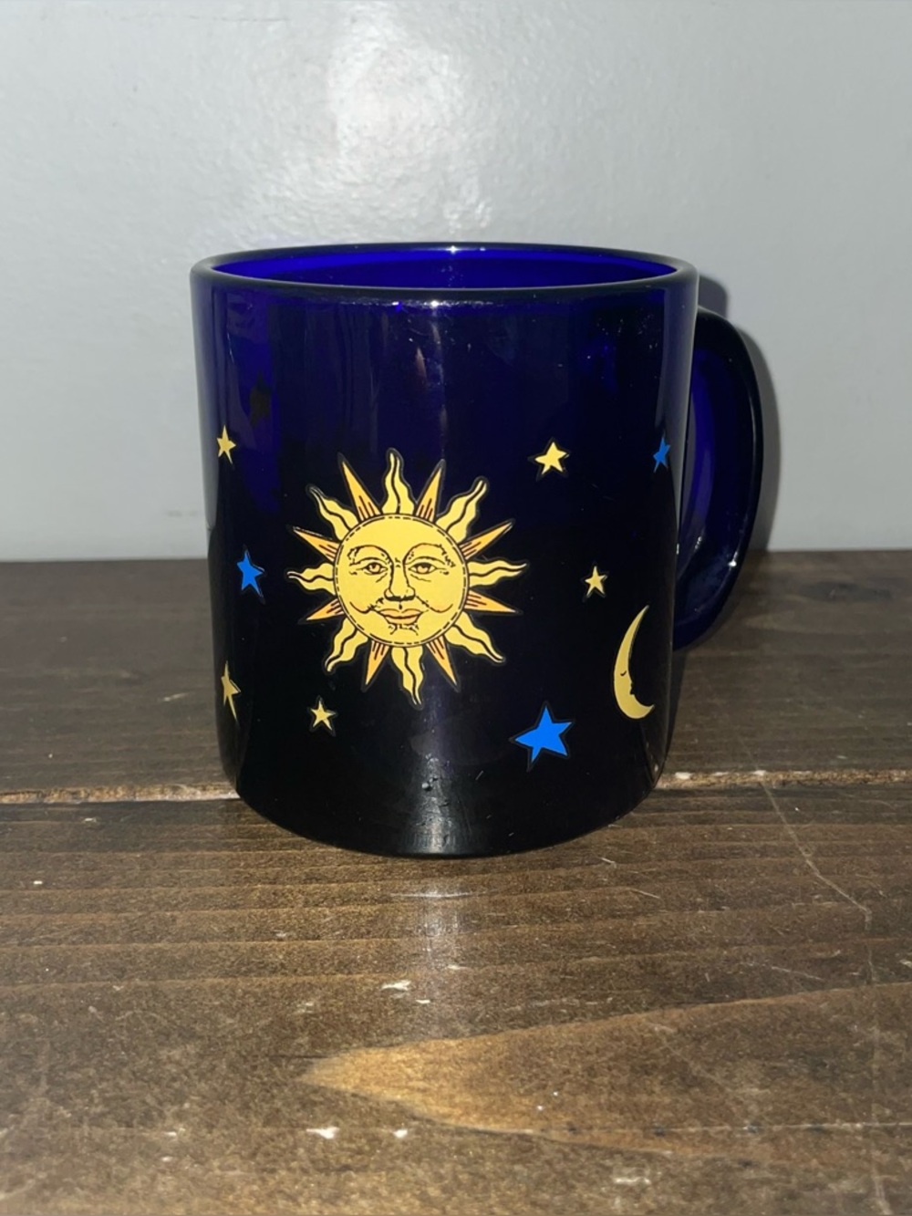 Rare Vintage Libbey Celestial Friends Mug Sun Moon & Stars Cobalt Blue Glass USA